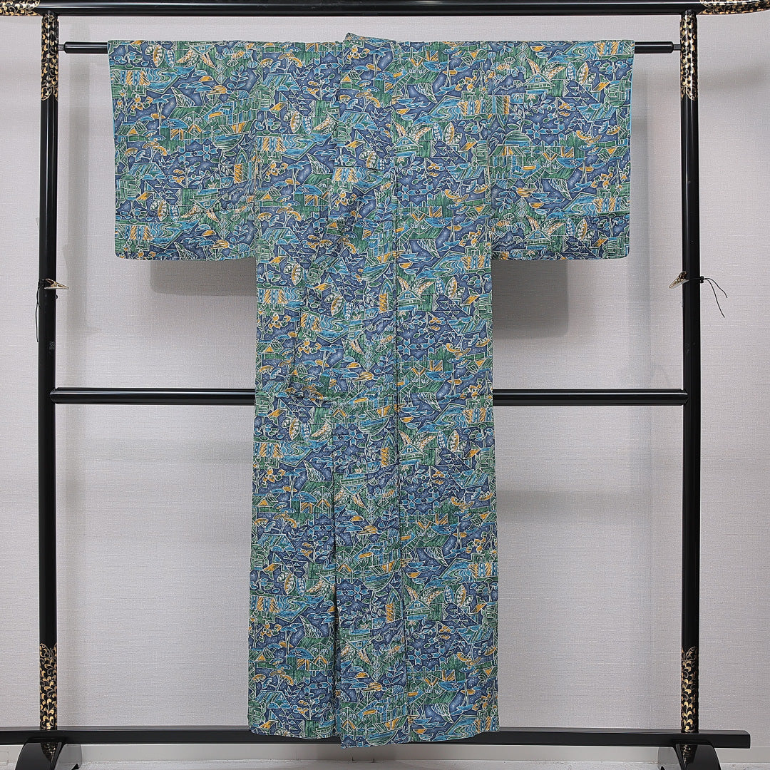 小紋 袷 身丈152cm 裄丈62cm 正絹 Aランク インフォーマル 広衿 Sサイズ チューリップ 笹 青系 RP 1221-15753