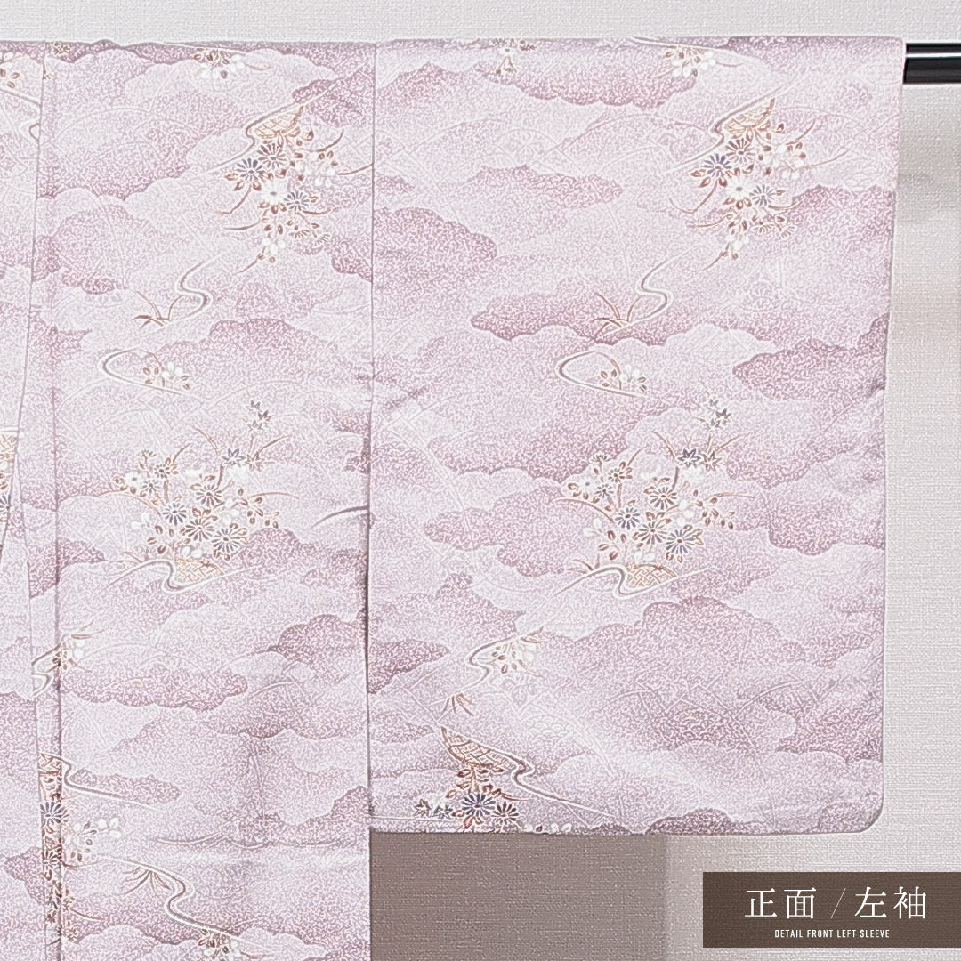 洗える着物 小紋 袷 身丈159cm 裄丈62cm ポリエステル Sランク インフォーマル バチ衿 Mサイズ 菊 紅葉 紫系 RP 1221-15829