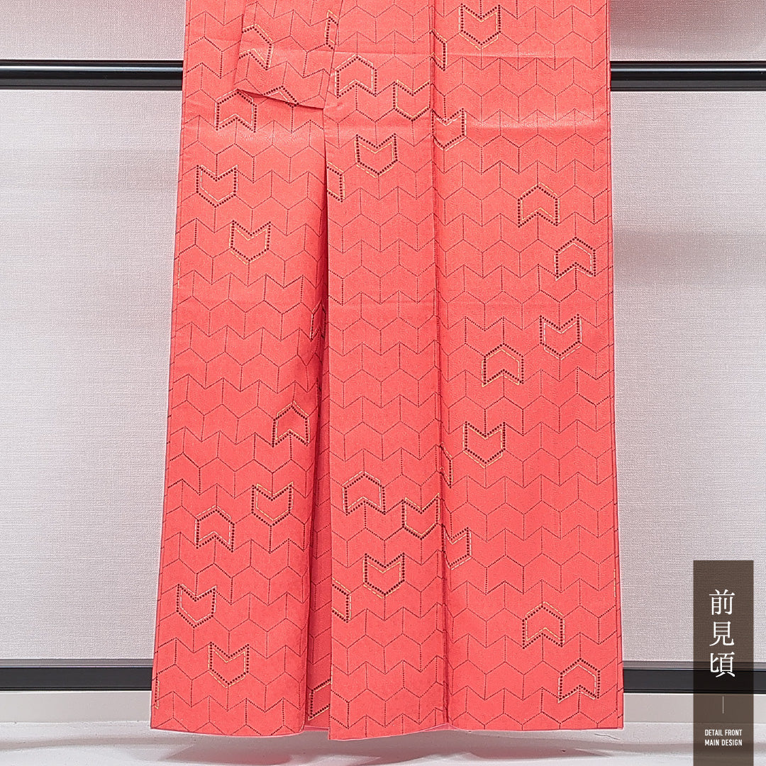 洗える着物 小紋 袷 身丈158cm 裄丈64cm ポリエステル Sランク 紋意匠 (菊) インフォーマル 広衿 Mサイズ 幾何学柄 朱系 RP 1221-15781
