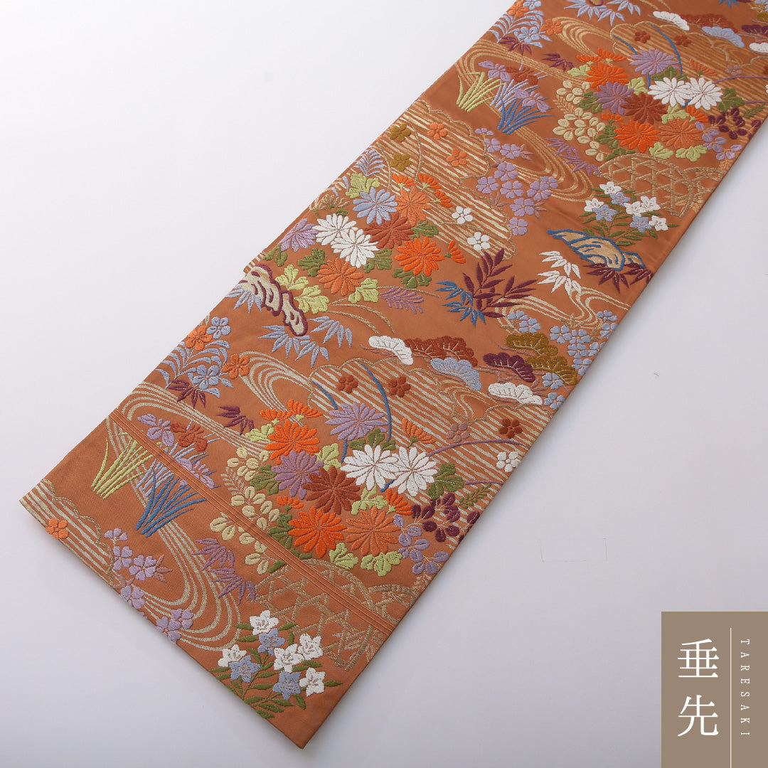 袋帯 帯丈430cm 正絹 六通 フォーマル 唐織 四季草花 吉祥文様 茶系 1243-02034