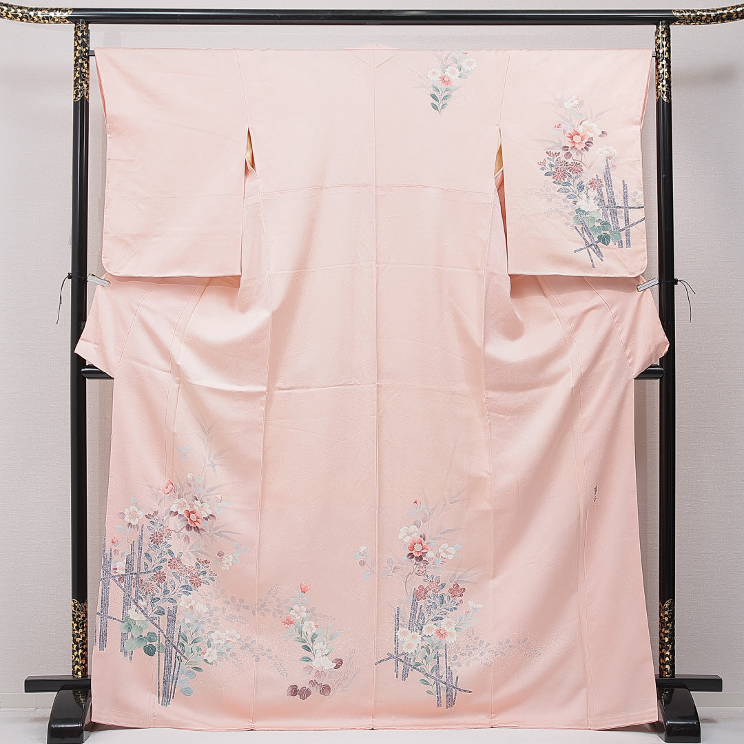 未使用品 訪問着 袷 身丈172cm 裄丈64cm 正絹 Nランク セミフォーマル 広衿 2XLサイズ 牡丹 可憐 落ち着き ピンク系 M4 1217-15358
