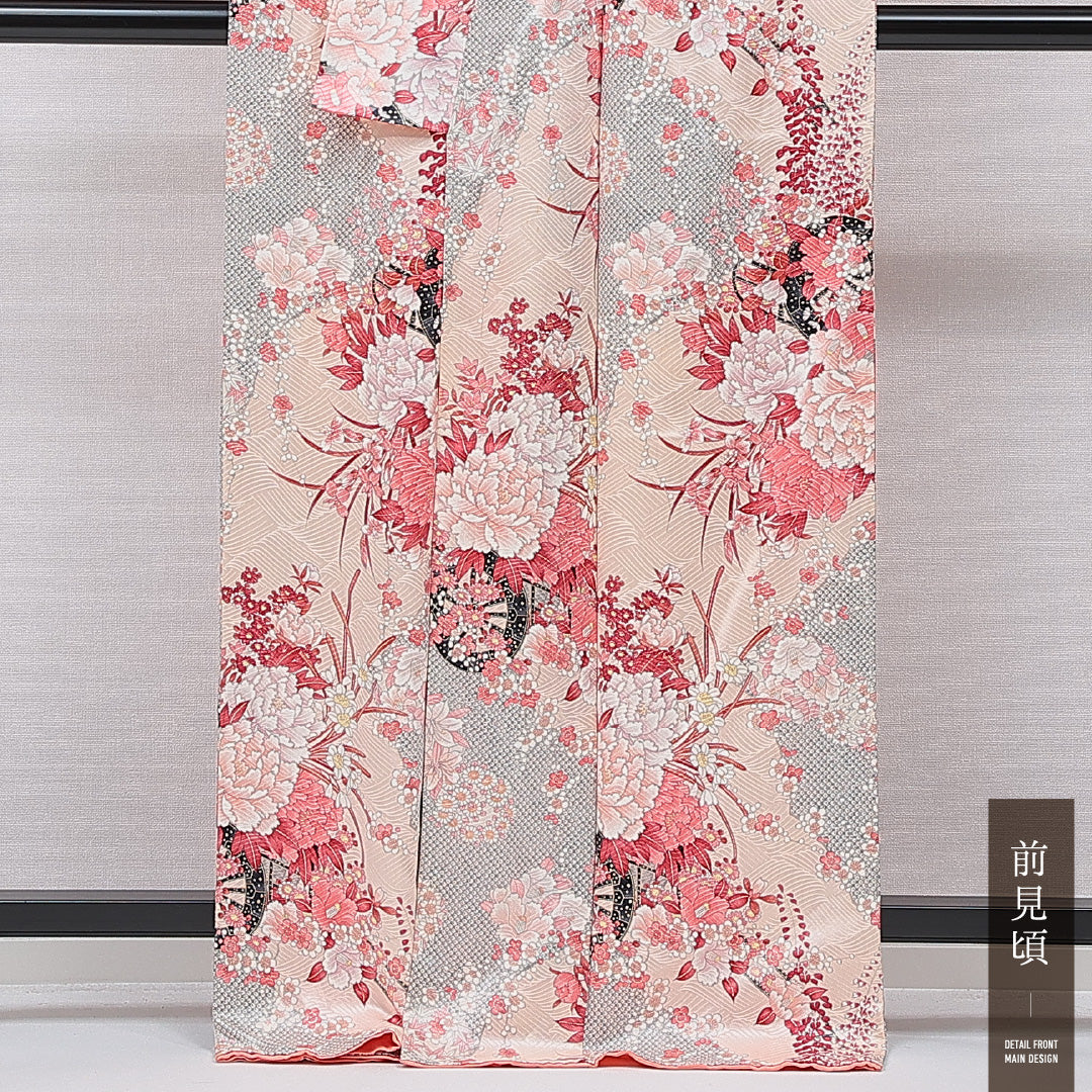 小紋 袷 身丈166cm 裄丈66cm 正絹 Cランク XLサイズ 広衿 インフォーマル 牡丹 ピンク系 1215-15647