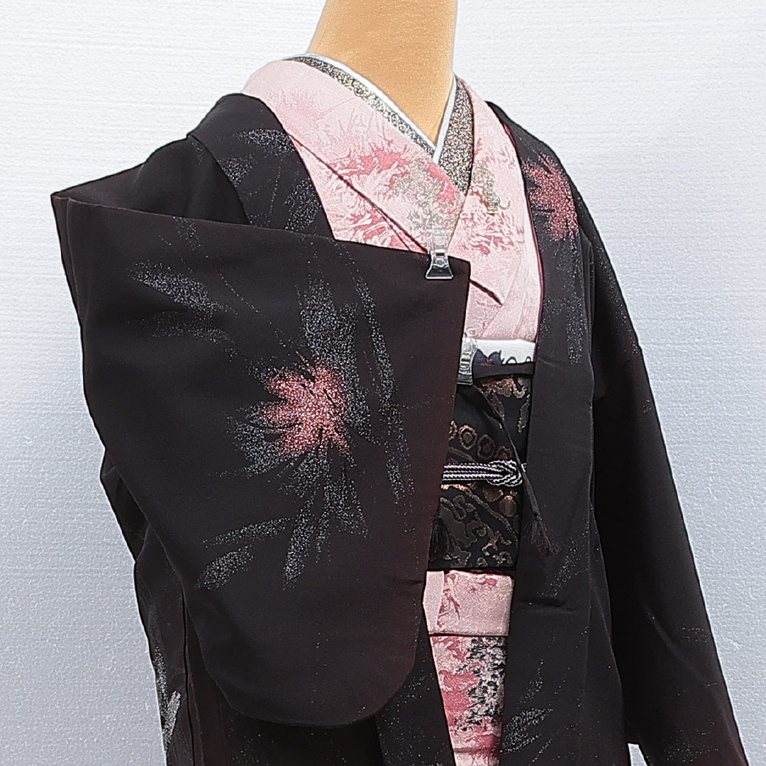 羽織 袷 身丈74cm 裄丈63cm 正絹 Cランク カジュアル Sサイズ 漆糸 紐あり 植物柄 黒系 LP 1232-16148