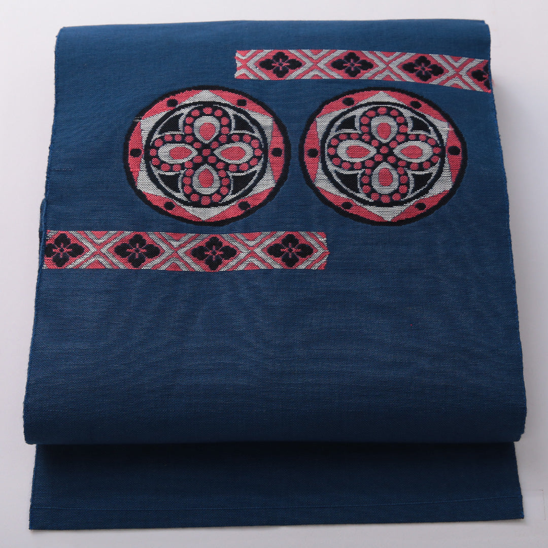 八寸名古屋帯 帯丈347cm カジュアル 名古屋仕立て ポイント柄 帯芯なし Aランク 正絹 菱 菊 青系 1224-03621