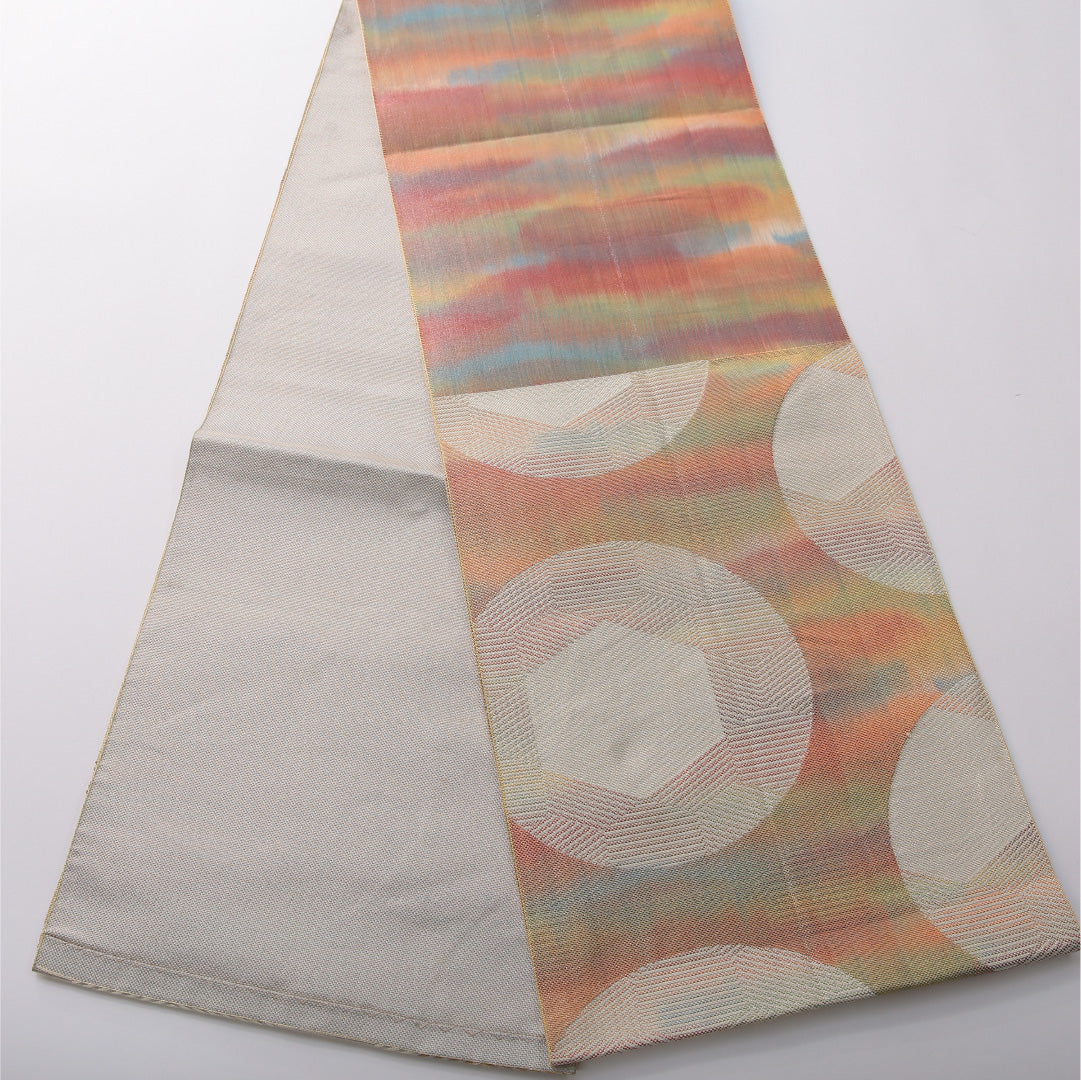 八寸名古屋帯 帯丈340cm カジュアル 開き仕立て 六通 帯芯なし Aランク 正絹 創作柄 クリーム系 1224-03505