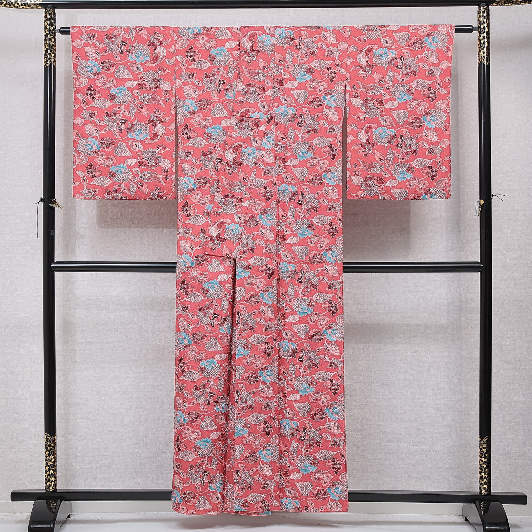 洗える着物 小紋 袷 身丈157cm 裄丈66cm ポリエステル Sランク インフォーマル 広衿 Mサイズ 七宝 花柄 ピンク系 RP 1221-15850
