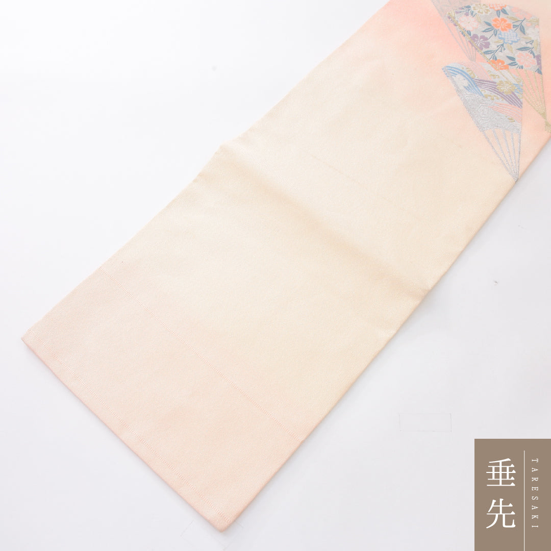 九寸名古屋帯 Cランク 帯丈361cm 正絹 ポイント柄 名古屋仕立て 織り セミフォーマル 綴れ織 花扇 ピンク系 HP 1245-04082