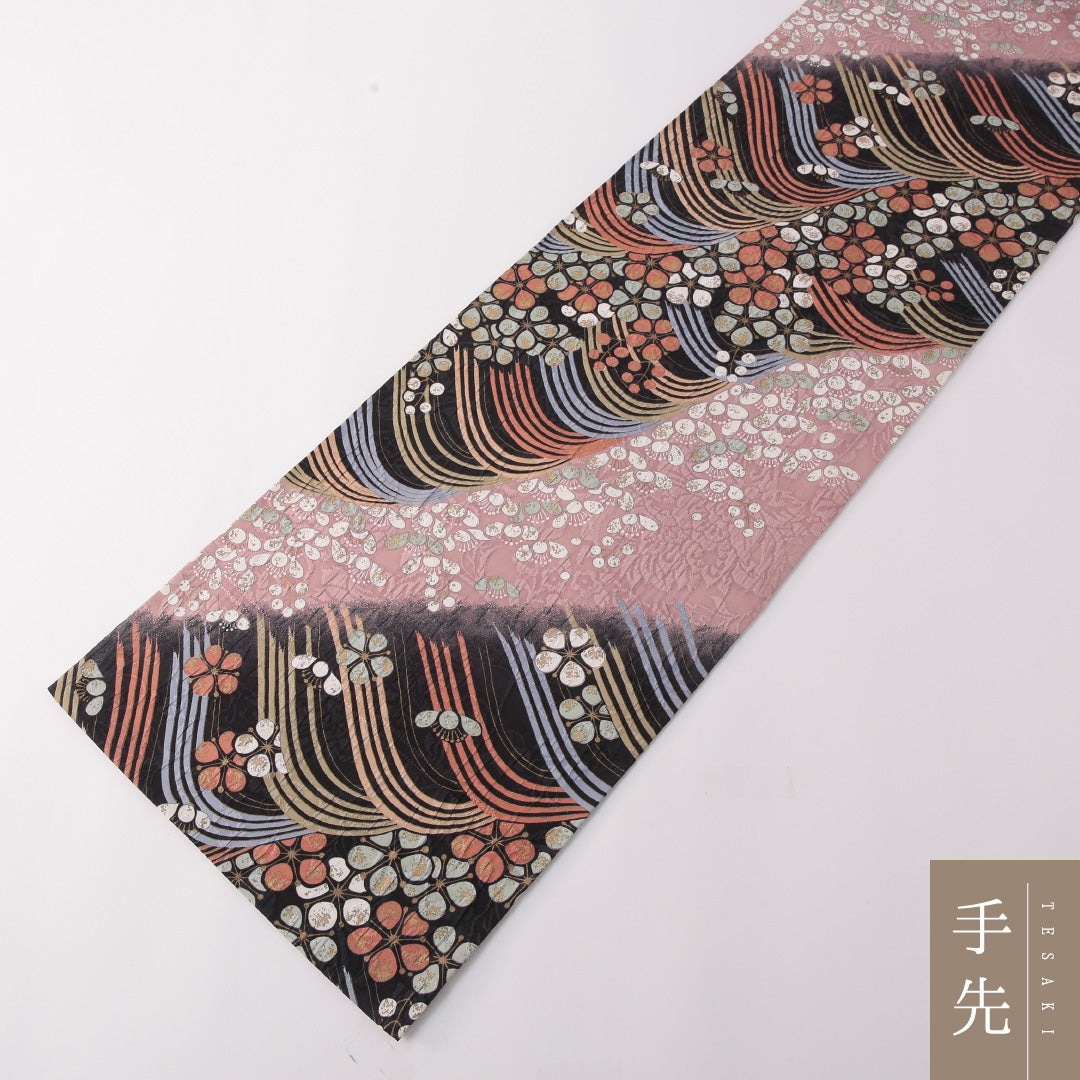振袖用 袋帯 帯丈440cm 正絹 全通 ふくれ織 荒磯 古典柄 黒系 多色系 1243-01778