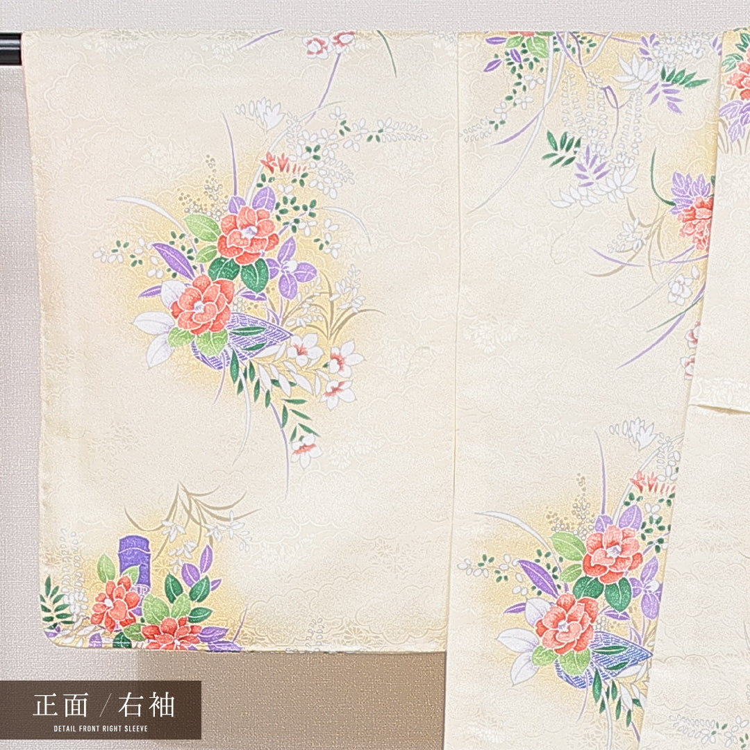 小紋 洗える着物 袷 身丈158cm 裄丈63cm ポリエステル Sランク Mサイズ 広衿 インフォーマル 椿 黄系 1215-15809