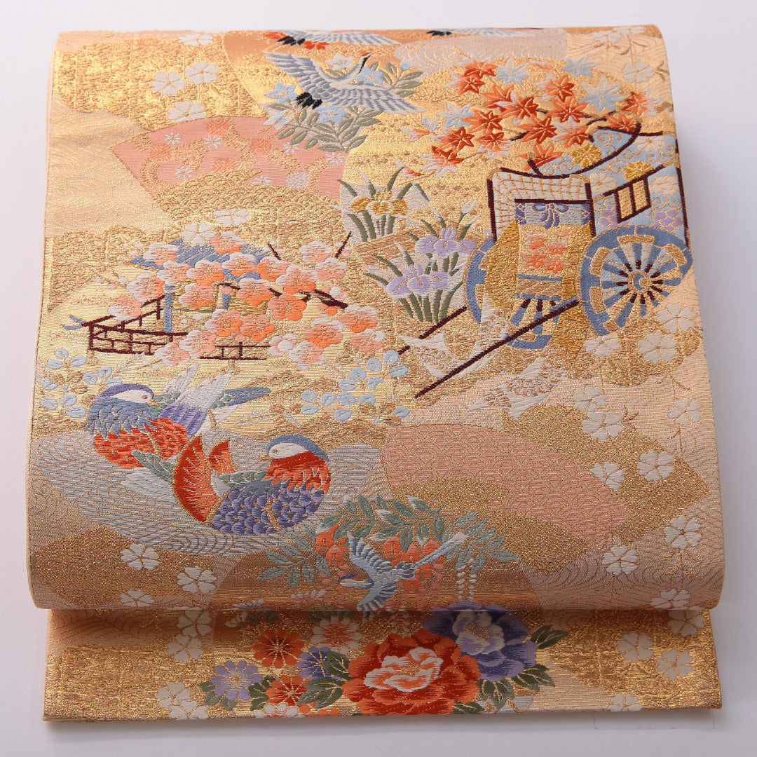 袋帯 帯丈426cm フォーマル 六通 Sランク 正絹 花車 金系 1223-01979