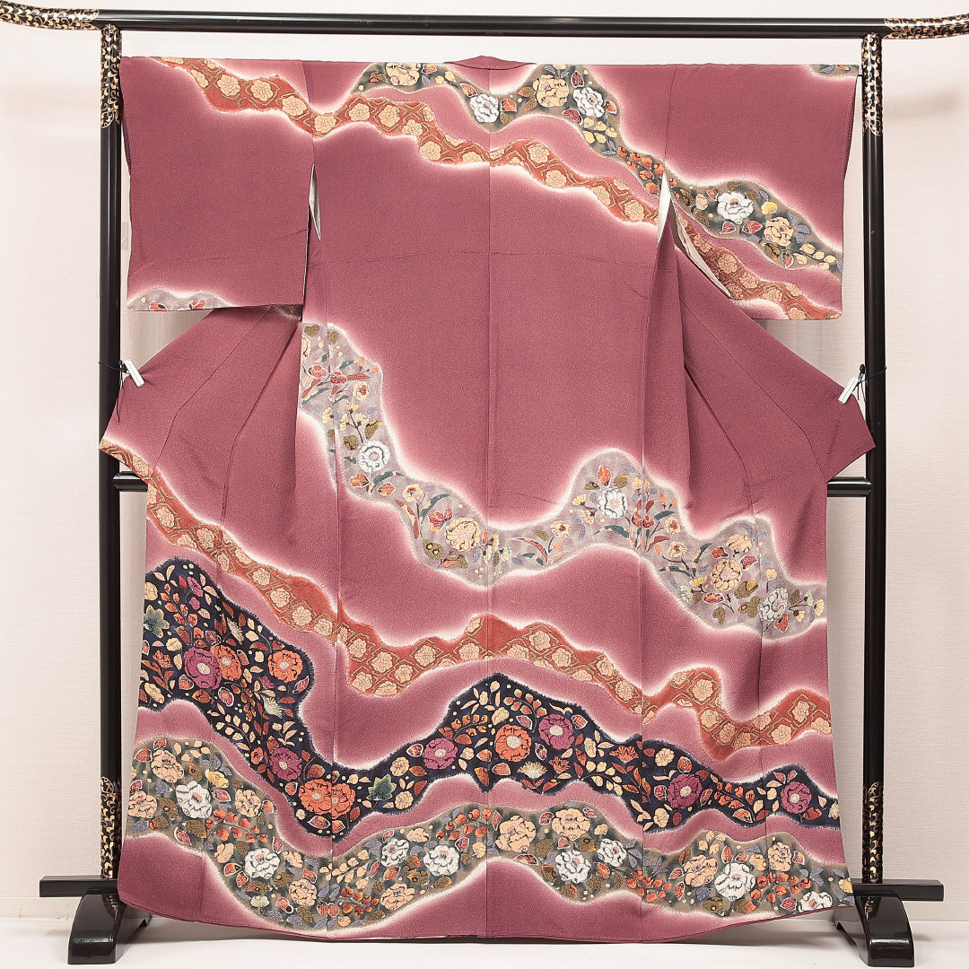 付下げ 袷 身丈165cm 裄丈66cm 正絹 Sランク XLサイズ 広衿 インフォーマル 花柄 ぼかし染 紫系 1261-16880