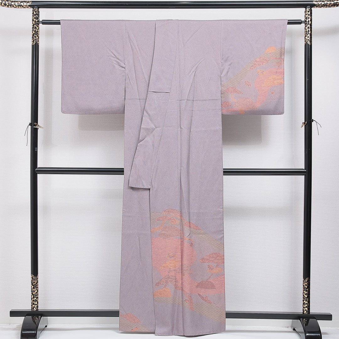 訪問着 袷 身丈160cm 裄丈65cm 正絹 Sランク セミフォーマル 広衿 Lサイズ ガード加工 鮫柄 松 古典的 個性的 紫系 RP 1217-15915