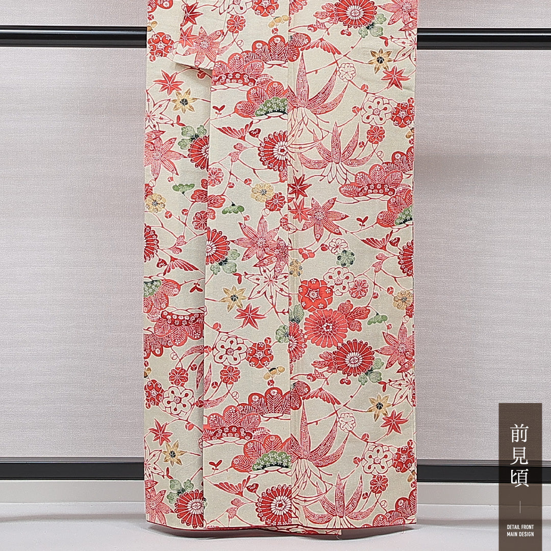 小紋 袷 身丈161cm 裄丈63cm 正絹 Cランク インフォーマル バチ衿 Lサイズ 菊 紅葉 緑系 HP 1221-15442