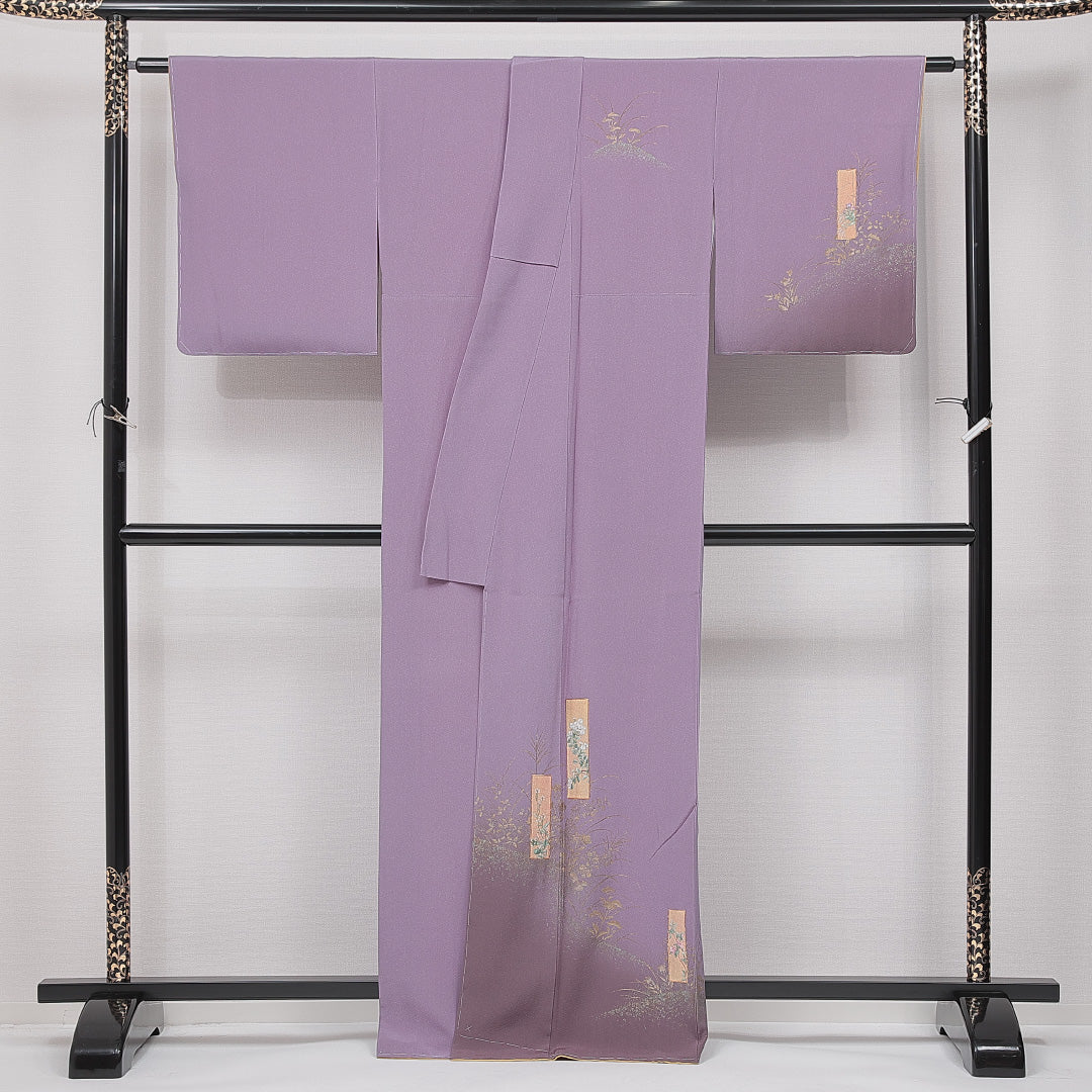 未使用品 付下げ 袷 身丈164cm 裄丈64cm 正絹 Nランク インフォーマル 広衿 Lサイズ 金彩 蘇州刺繍 金駒刺繍 ガード加工 しつけ糸 菊 花鳥 グレー系 M4 1218-15077
