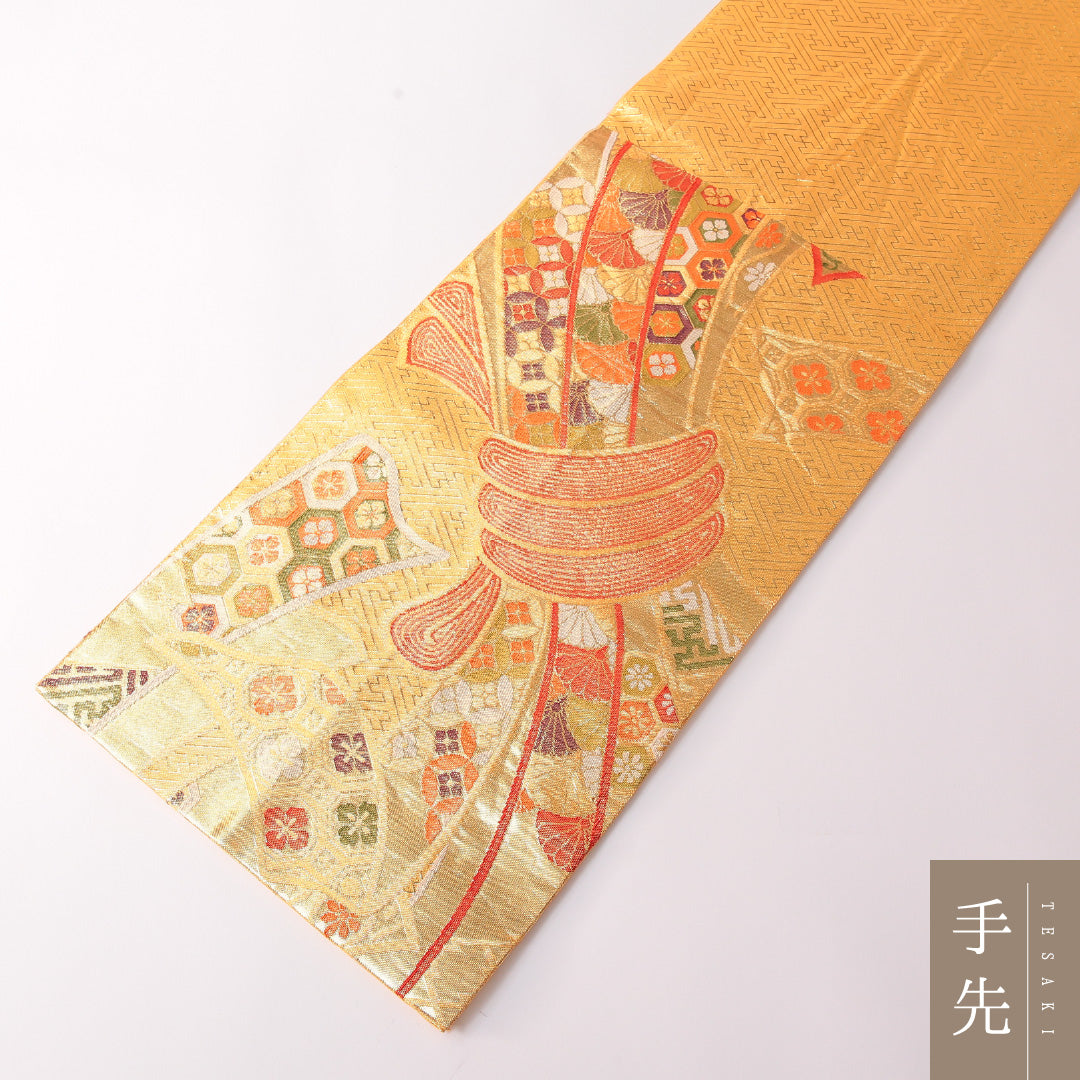 袋帯 帯丈448cm 正絹 六通 リバーシブル フォーマル 熨斗 古典柄 金系 1243-01826