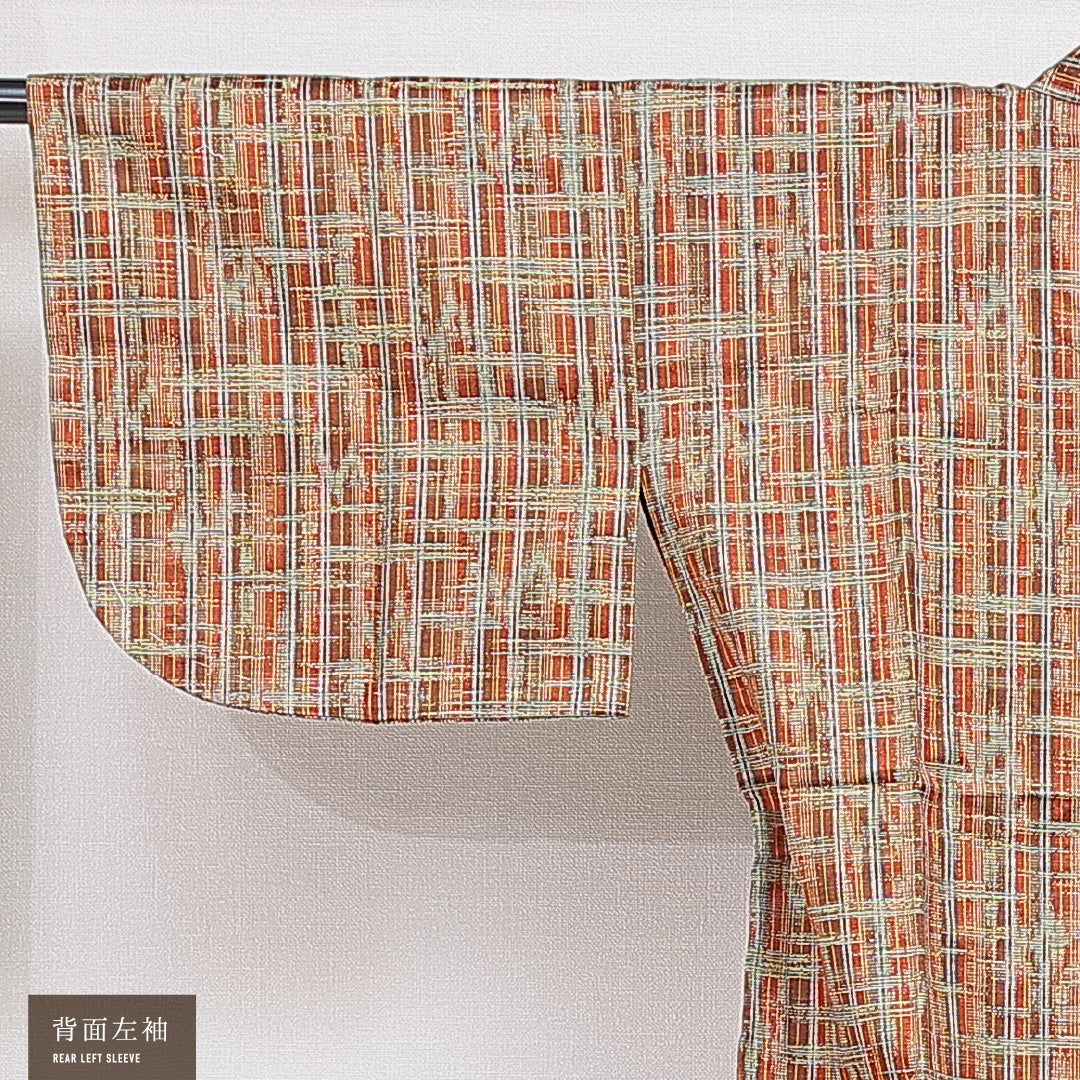 道中着 袷 身丈73cm 裄丈62cm 正絹 Sランク カジュアル Sサイズ 格子 茶系 RP 1236-16444