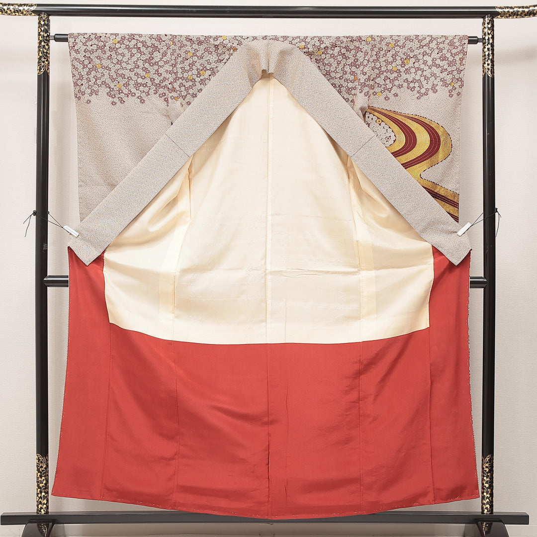 付下げ(紬) 袷 身丈159cm 裄丈63cm 正絹 Cランク Mサイズ 広衿 インフォーマル 流水 菊 茶系 1261-16925