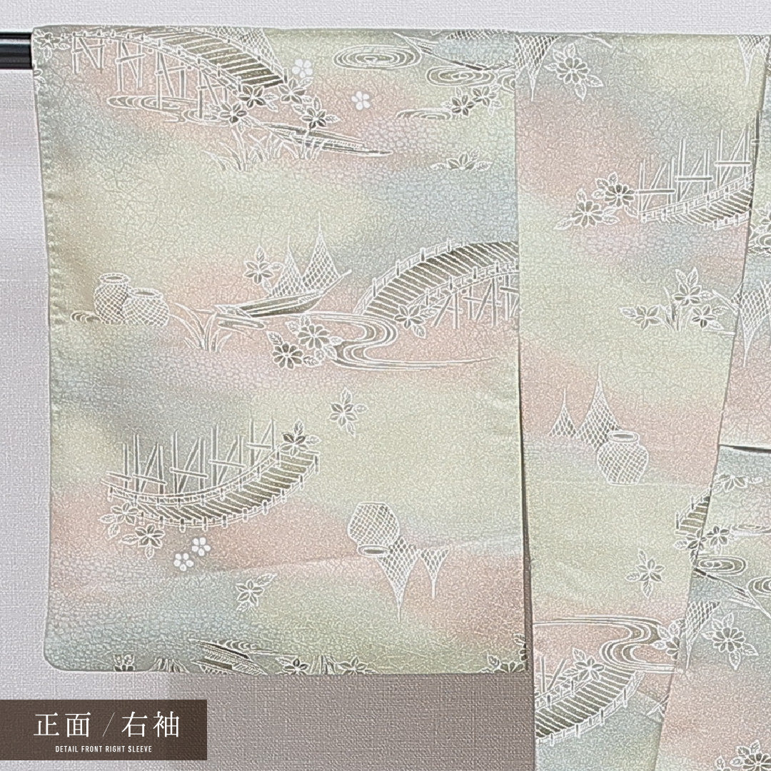 洗える着物 小紋 袷 身丈148cm 裄丈61cm ポリエステル Aランク インフォーマル 広衿 XSサイズ 古典柄 緑系 RP 1221-16317