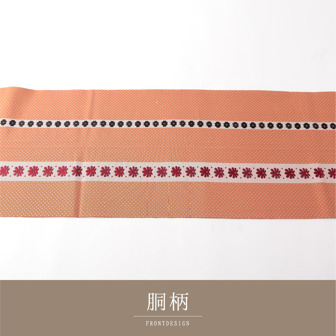 八寸名古屋帯 帯丈376cm カジュアル 開き仕立て 全通 Aランク 正絹 博多織 菊 朱系 1224-03166