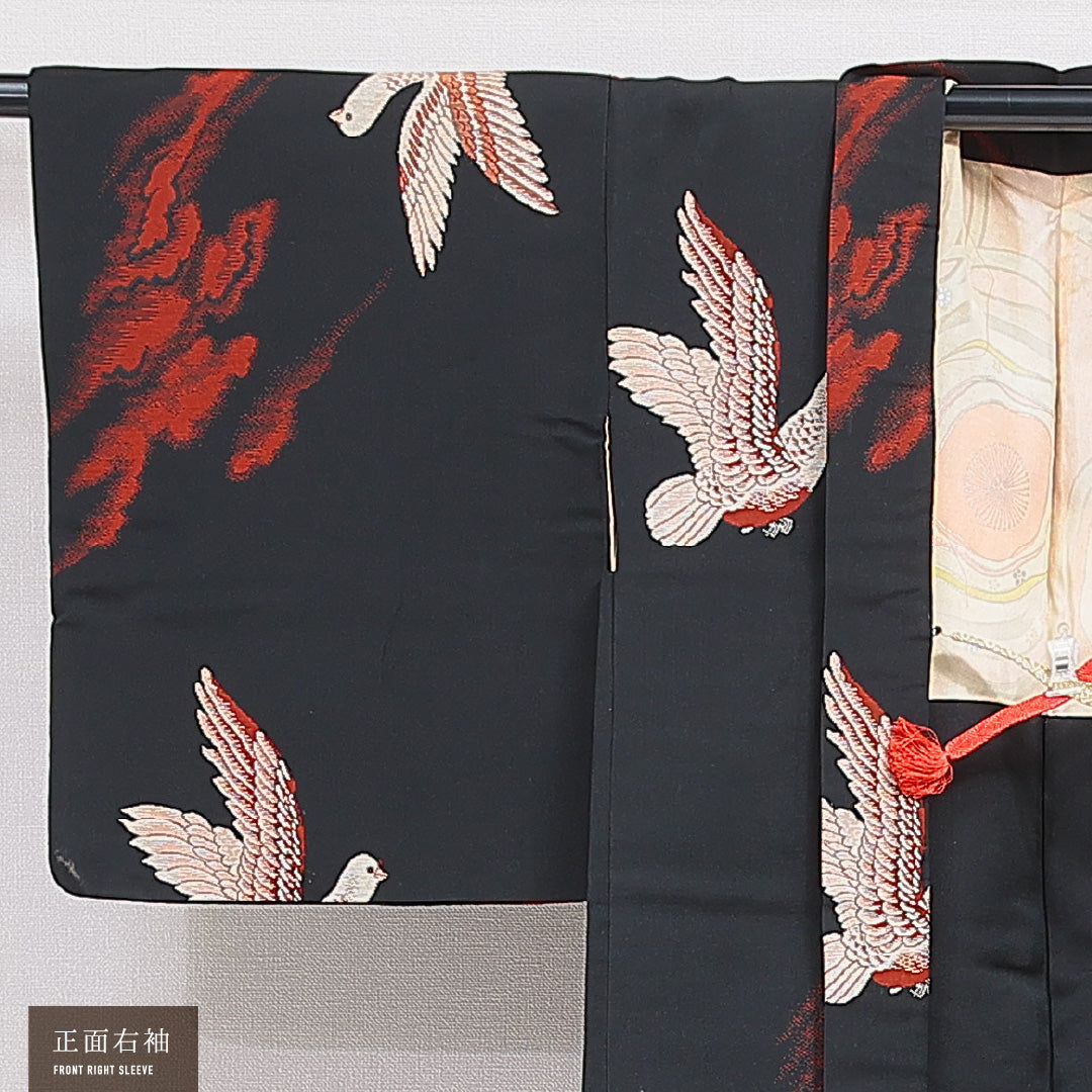 アンティーク 羽織 袷 身丈82cm 裄丈62cm 正絹 Cランク Sサイズ 紐あり 鳩 黒系 RP 1232-16447