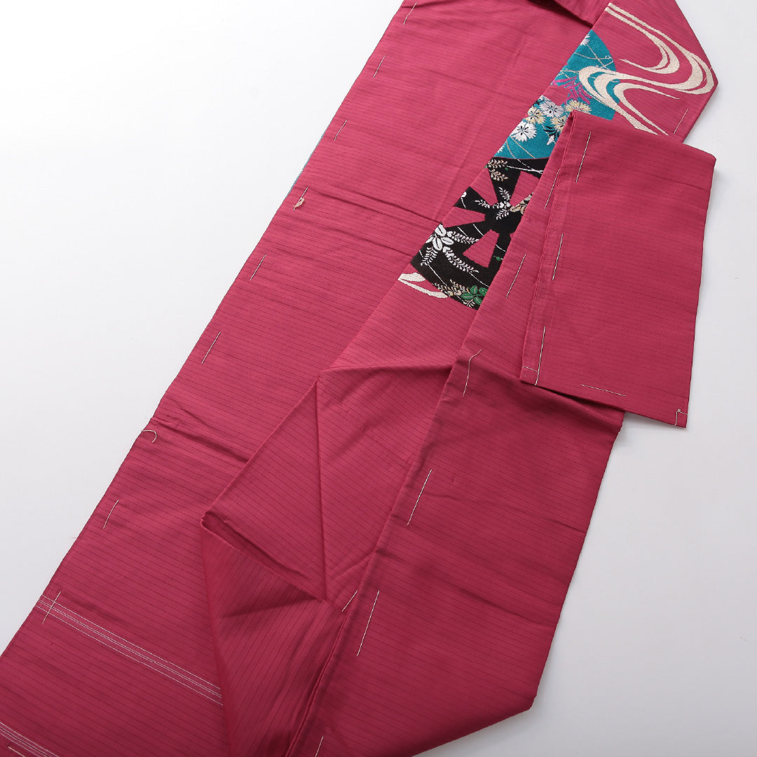 アンティーク 九寸名古屋帯 帯丈339cm 名古屋仕立て ポイント柄 Aランク 正絹 源氏車 花柄 ピンク系 1224-03695