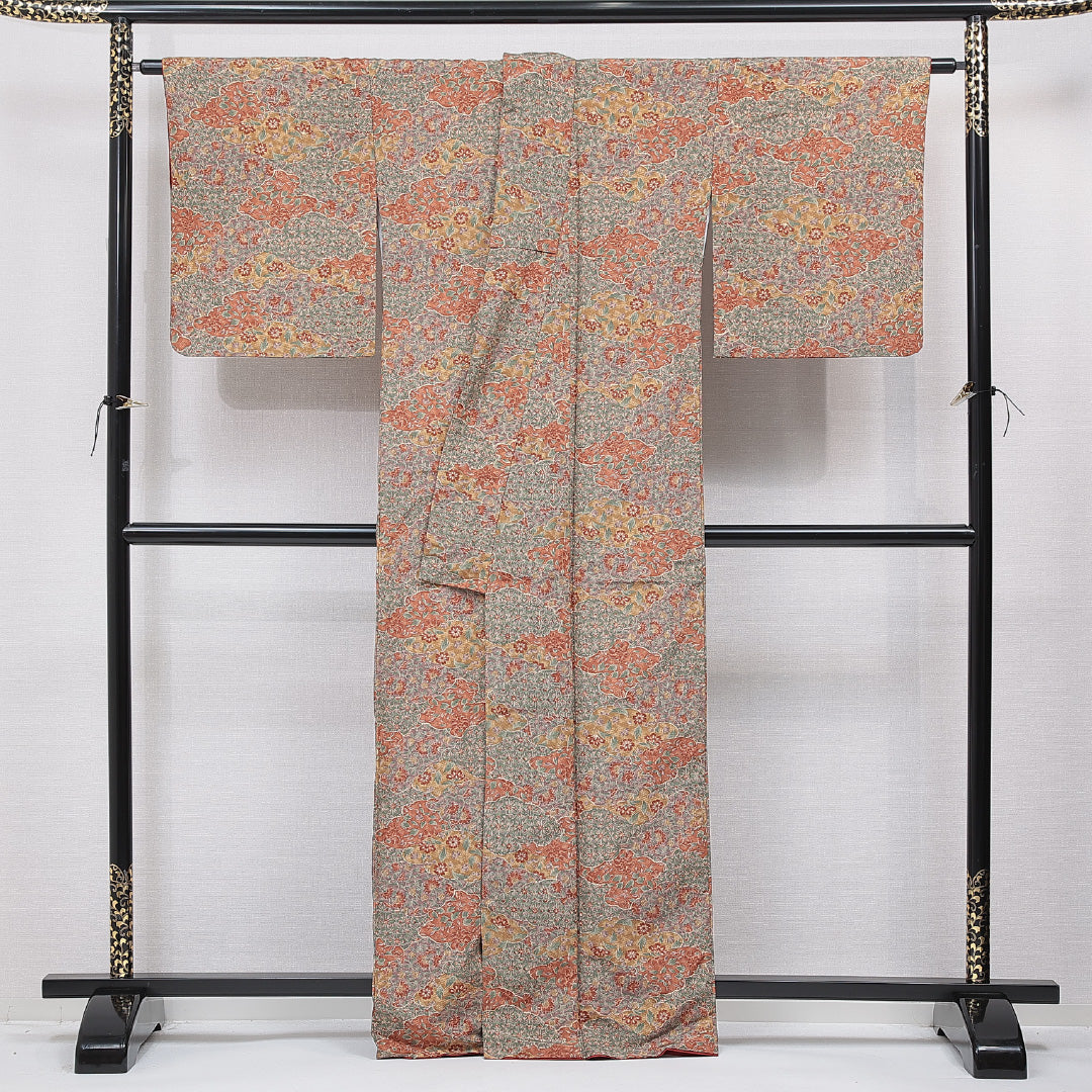 小紋 洗える着物 袷 身丈165cm 裄丈67cm ポリエステル Sランク XLサイズ 広衿 インフォーマル 花柄 多色系 茶系 1215-15799