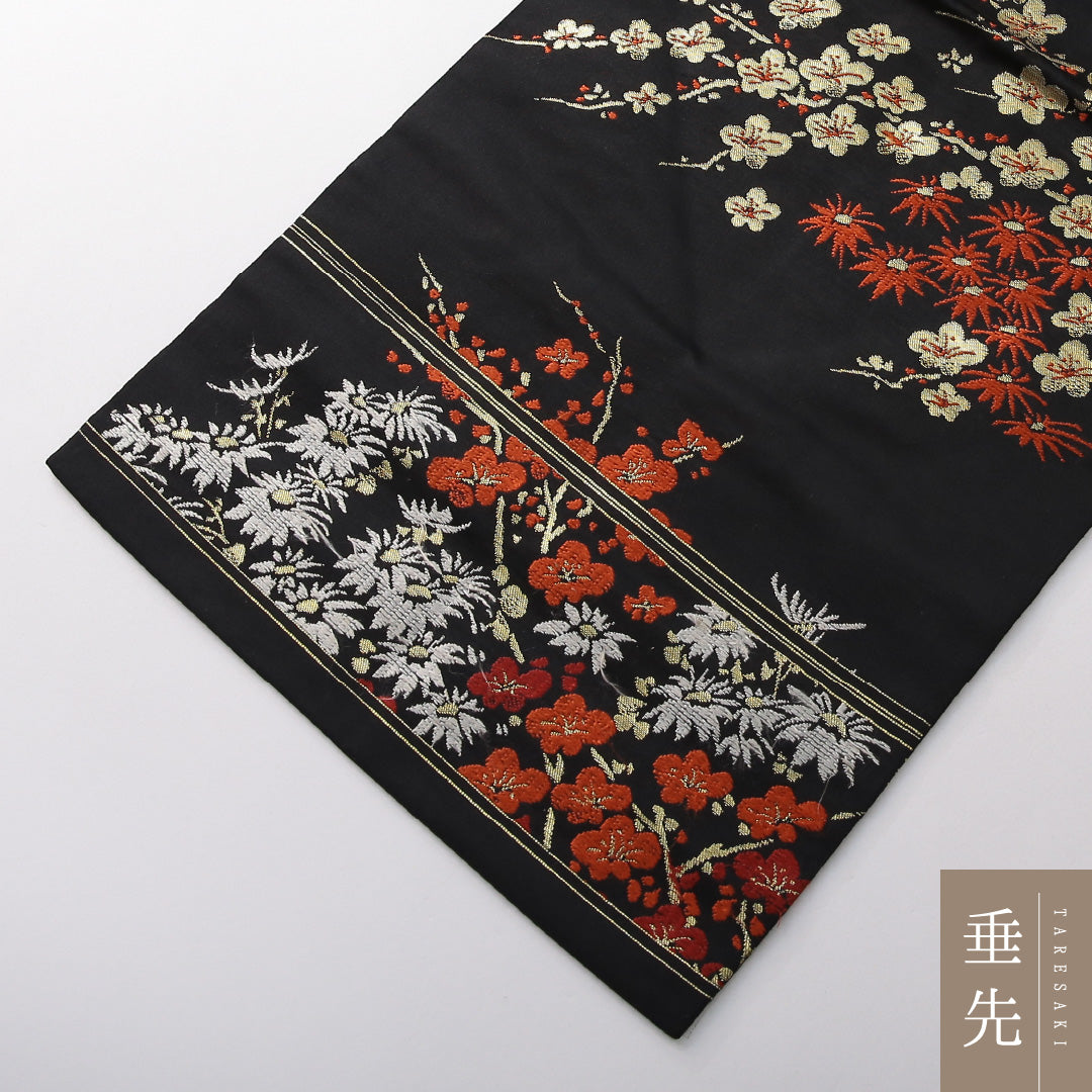 九寸名古屋帯 帯丈336cm インフォーマル 名古屋仕立て 六通 Aランク 正絹 梅 菊 黒系 1224-03817