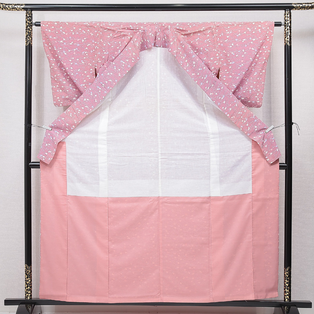 小紋 洗える着物 袷 身丈161cm 裄丈61cm ポリエステル Cランク Lサイズ 広衿 インフォーマル 抽象柄 ピンク系 1215-15804