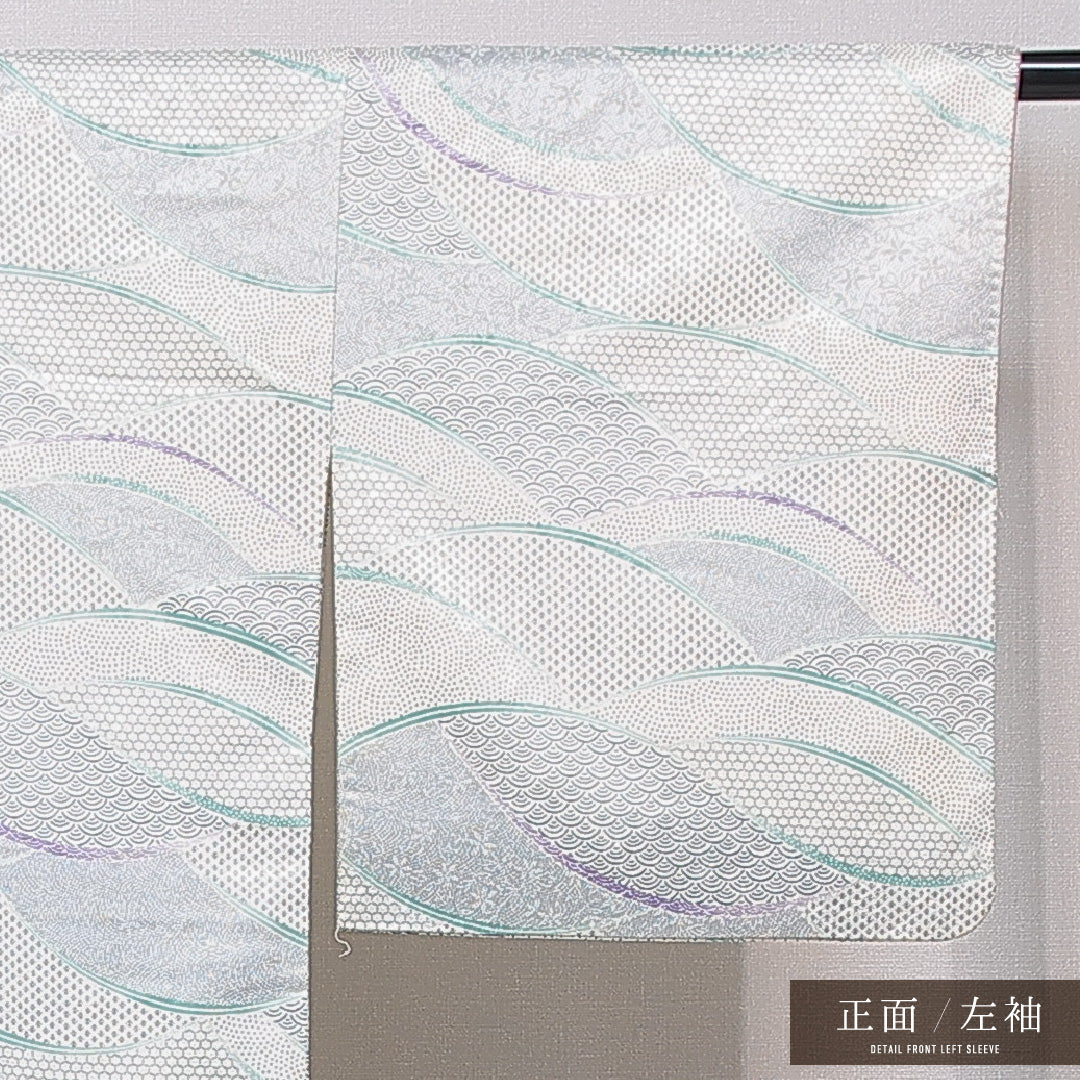 小紋 洗える着物 袷 身丈158cm 裄丈66cm ポリエステル Cランク Mサイズ バチ衿 インフォーマル 吉祥文様 グレー系 1215-15785