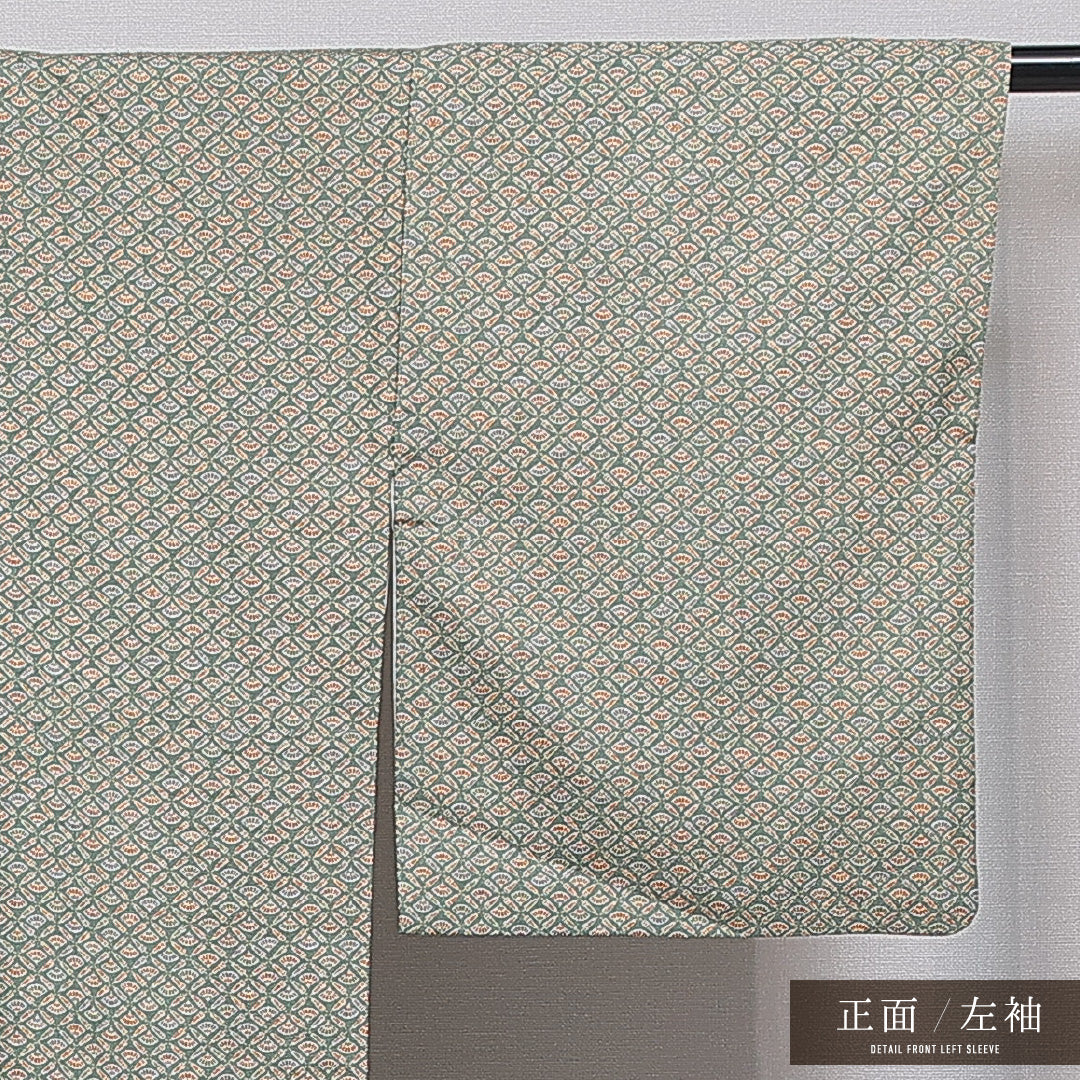 洗える着物 小紋 袷 身丈165cm 裄丈65cm ポリエステル Sランク インフォーマル 広衿 XLサイズ 扇 唐笠 緑系 RP 1221-16076