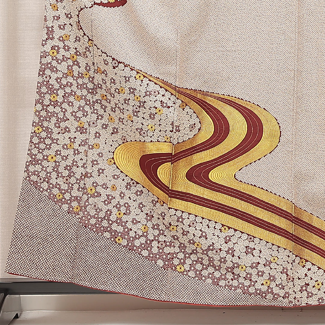 付下げ(紬) 袷 身丈159cm 裄丈63cm 正絹 Cランク Mサイズ 広衿 インフォーマル 流水 菊 茶系 1261-16925