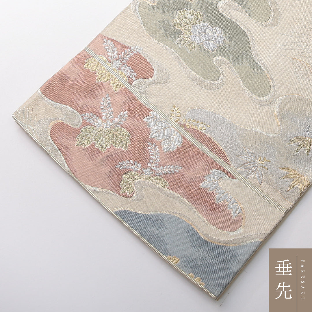 袋帯 帯丈420cm 正絹 六通 フォーマル 雲取り 吉祥文様 クリーム系 1243-02136