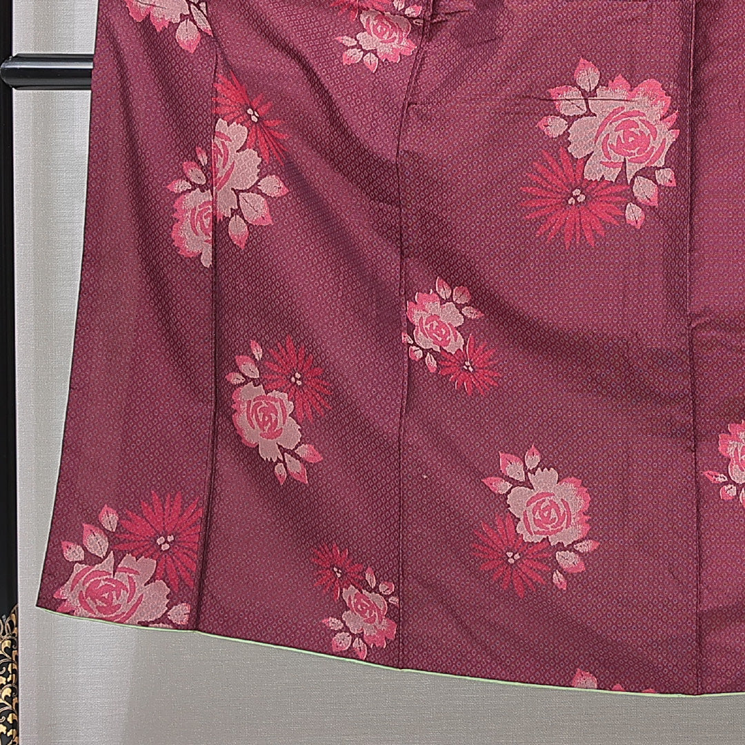 アンティーク お召 袷 身丈147cm 裄丈62cm 正絹 Aランク バチ衿 XSサイズ 薔薇 赤系 M4 1222-15141