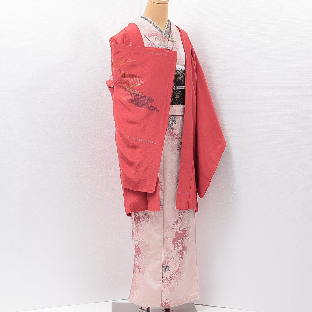 アンティーク 羽織(お召) 袷 身丈89cm 裄丈61cm 正絹 Aランク Sサイズ 一つ紋(五三桐) 道長取り 朱系 1217-15263