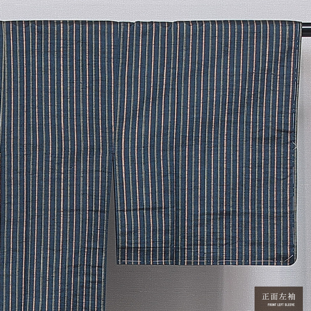 道行コート 単衣 身丈126cm 裄丈62cm 正絹 Sランク セミフォーマル Sサイズ ポケットあり 縞 紺系 RP 1237-16165