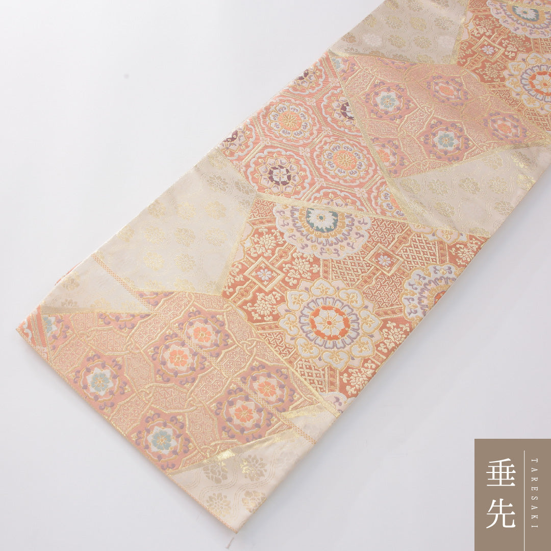 袋帯 帯丈436cm 正絹 六通 フォーマル 宝相華 吉祥文様 クリーム系 1243-02264