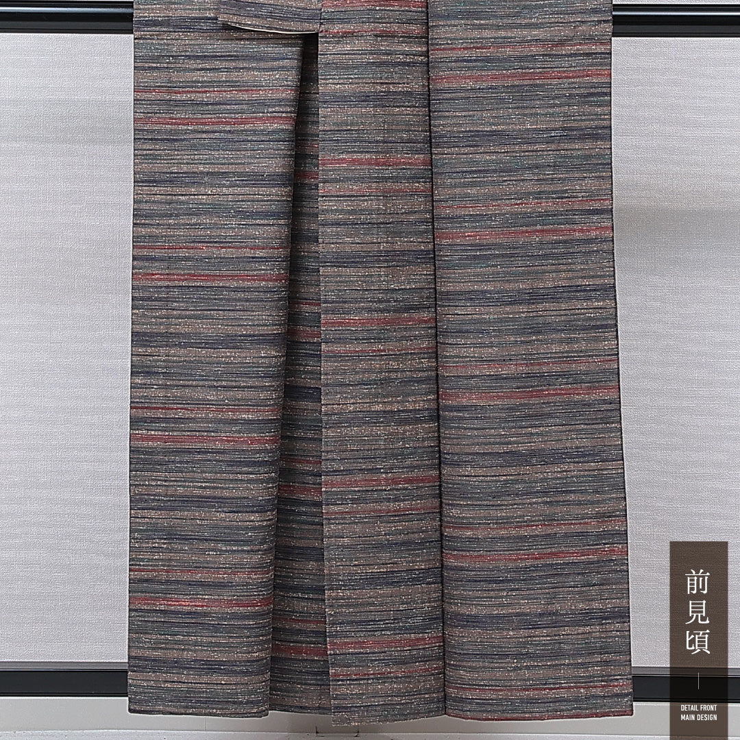 紬 単衣 身丈155cm 裄丈66cm 正絹 Cランク カジュアル 広衿 Mサイズ 肩当て 縞 茶系 LP 1223-15538