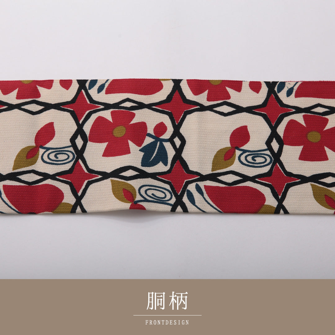 八寸名古屋帯(紬) 帯丈369cm カジュアル 名古屋仕立て 全通 Cランク 正絹 蝶 花柄 クリーム系 1224-03449