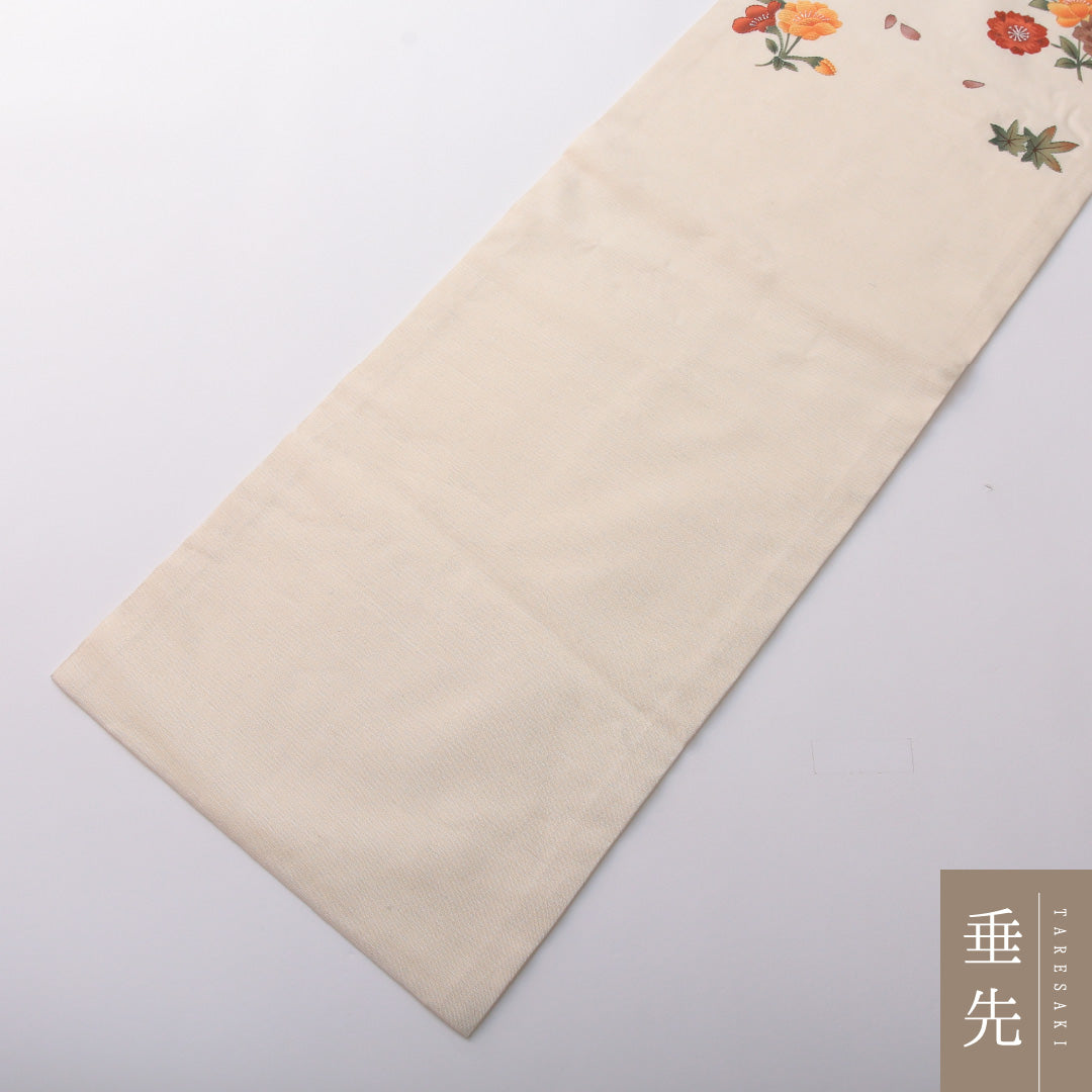 九寸名古屋帯 帯丈373cm カジュアル 名古屋仕立て ポイント柄 Dランク 正絹 花柄 クリーム系 1224-03480