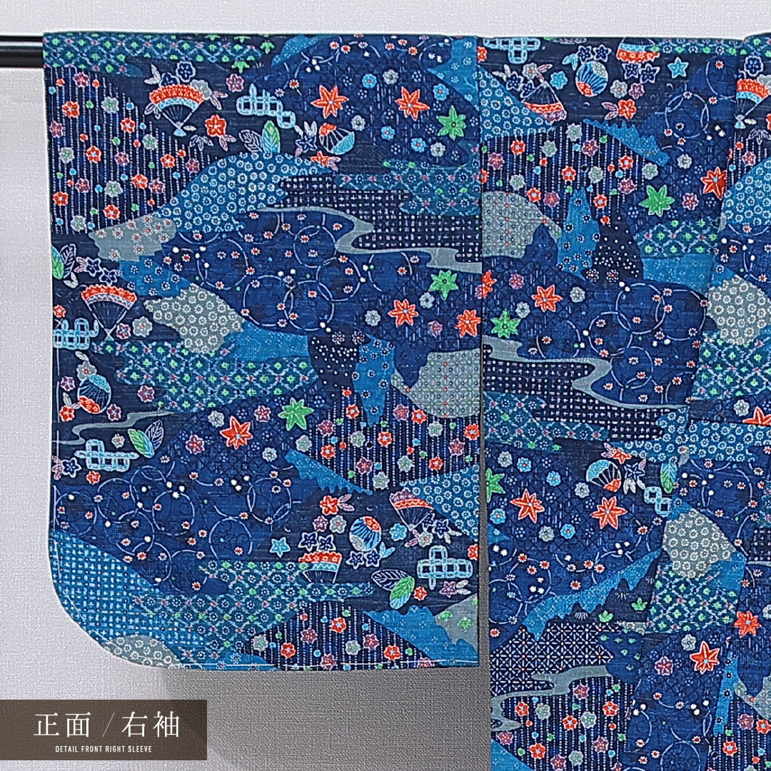 紬 単衣 身丈167cm 裄丈65cm 正絹 Cランク カジュアル バチ衿 XLサイズ 染め紬 花柄 青系 LP 1223-15537