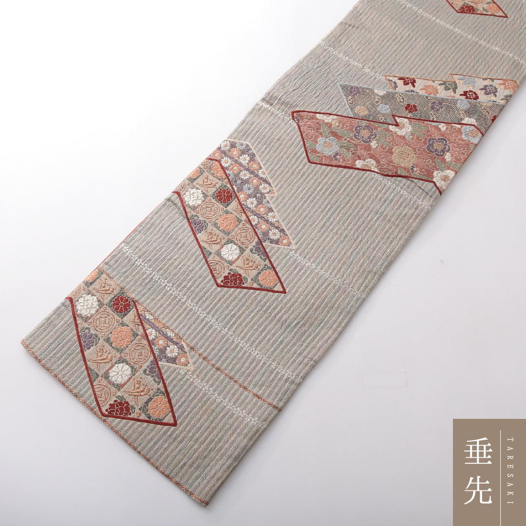 袋帯 帯丈432cm 正絹 六通 フォーマル ふくれ織 色紙重ね 吉祥文様 緑系 1243-02115