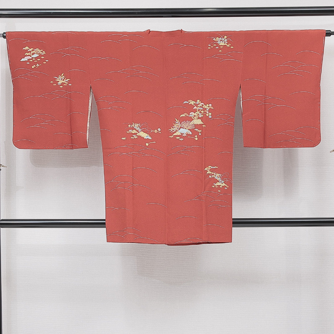 道行コート 袷 身丈87cm 裄丈65cm 正絹 Sランク Mサイズ フォーマル ポケットあり 松 赤系 朱系 1263-15129