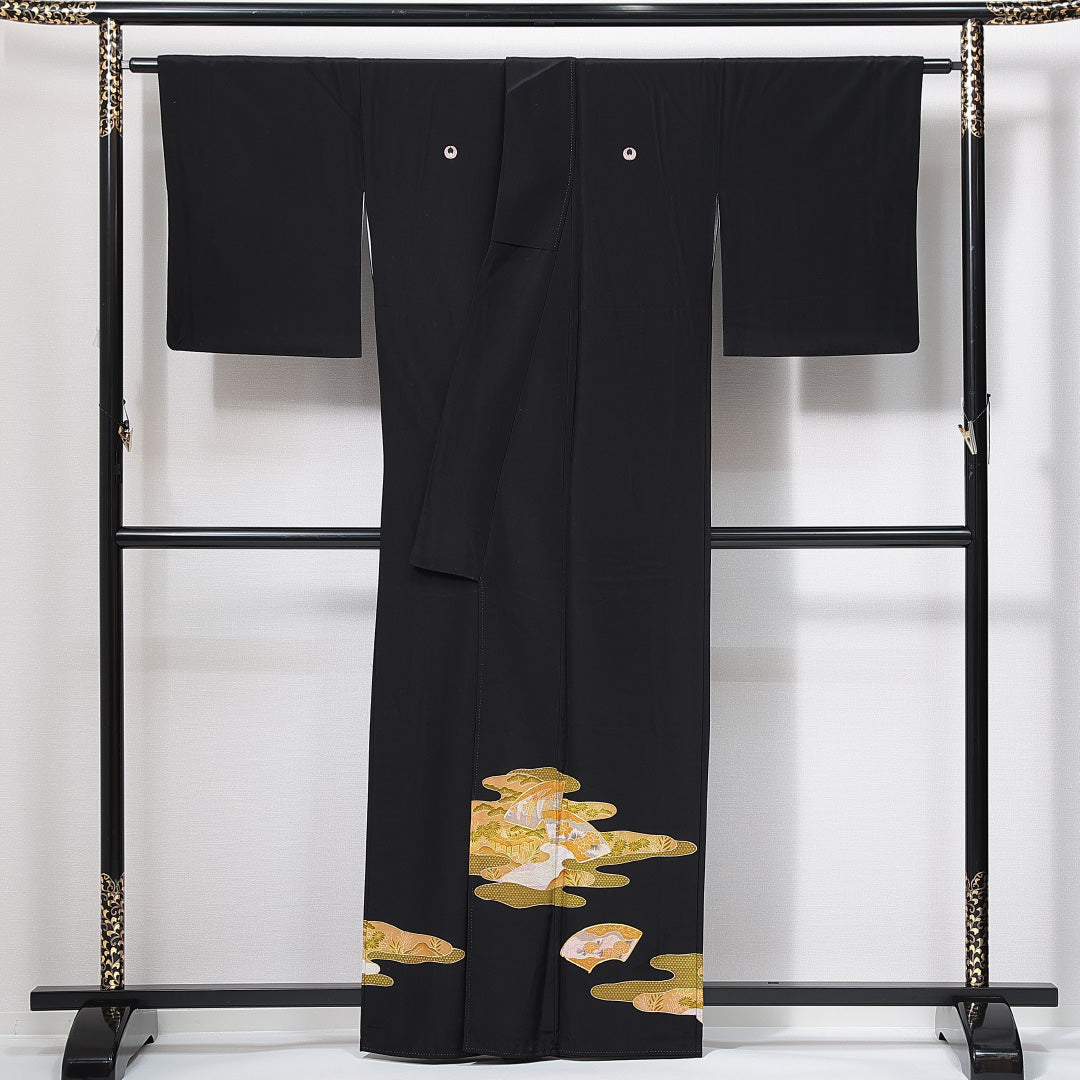 黒留袖 袷 身丈160cm 裄丈63cm 三つ紋 下り藤 フォーマル Sランク Lサイズ 正絹 広衿 茶屋辻 扇 金駒刺繍 1211-F0631