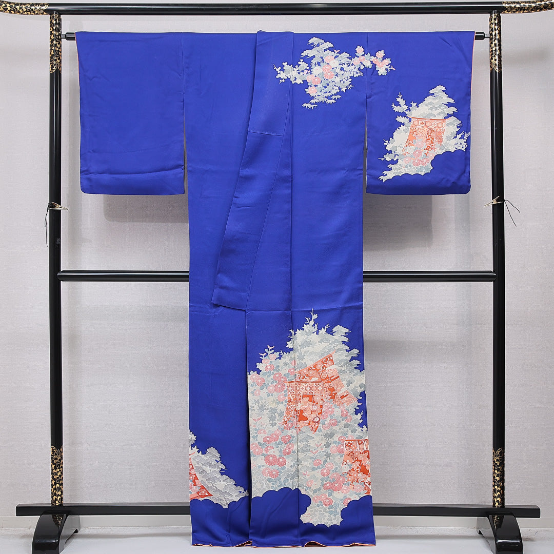 訪問着 袷 身丈166cm 裄丈66cm 正絹 Sランク XLサイズ 広衿 セミフォーマル 几帳 梅 松 青系 1212-15749