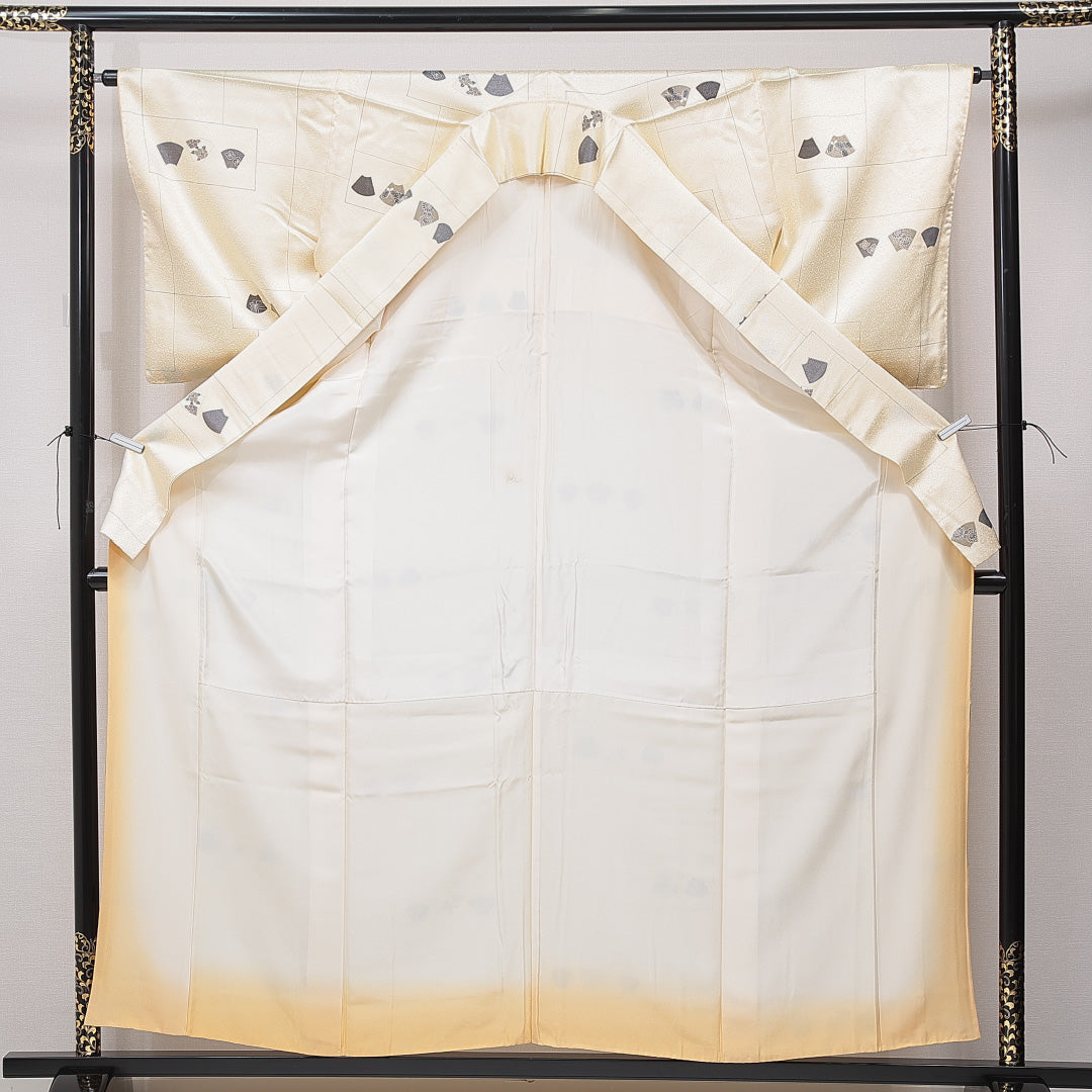 小紋 袷 身丈159cm 裄丈64cm 正絹 Sランク インフォーマル 広衿 Mサイズ 扇 花菱 クリーム系 RP 1221-15875