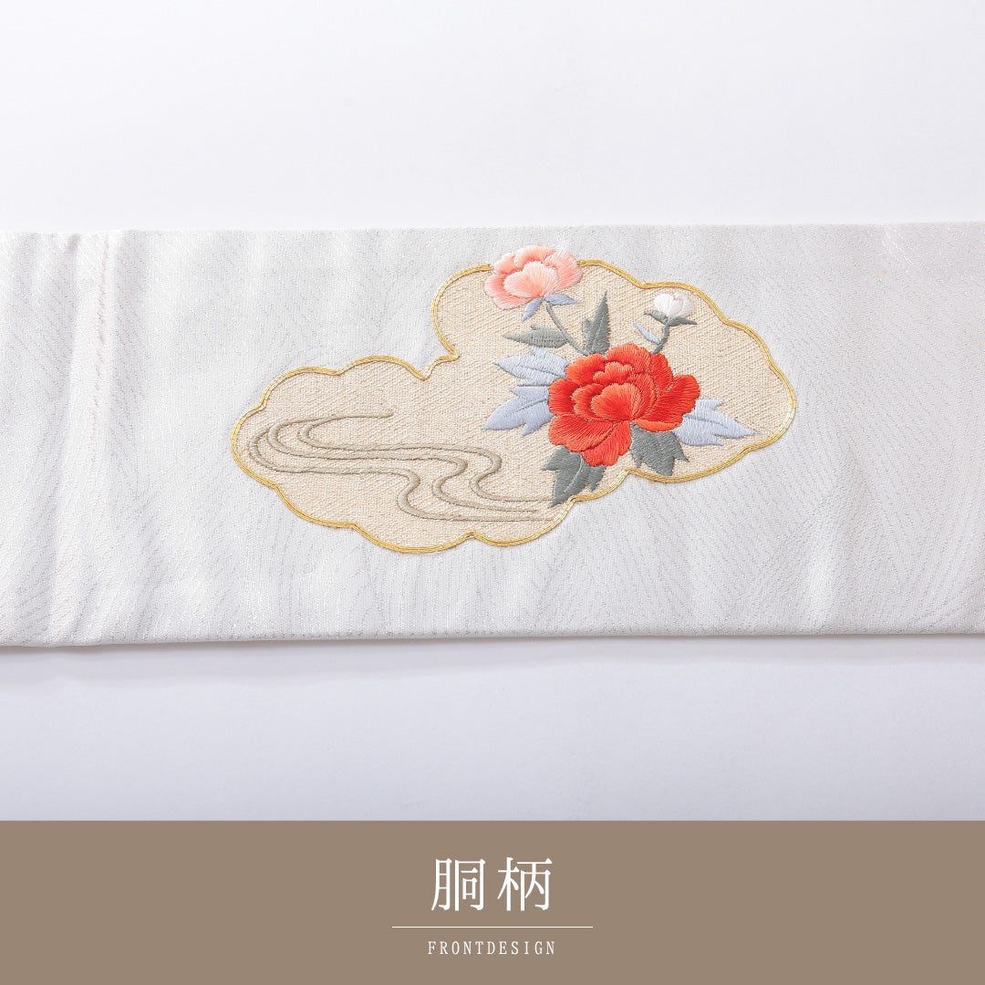 九寸名古屋帯 帯丈355cm セミフォーマル 名古屋仕立て ポイント柄 Sランク 正絹 蘇州刺繍 金駒刺繍 鴛鴦 牡丹 クリーム系 銀系 1224-03912