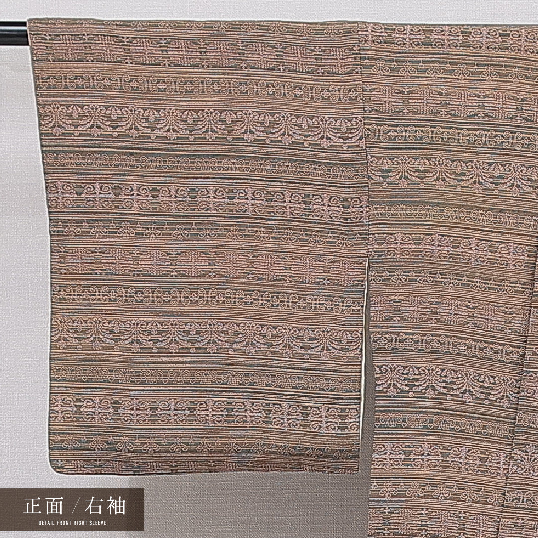 小紋 袷 身丈165cm 裄丈65cm 正絹 Sランク インフォーマル バチ衿 XLサイズ 花柄 茶系 RP 1221-15436