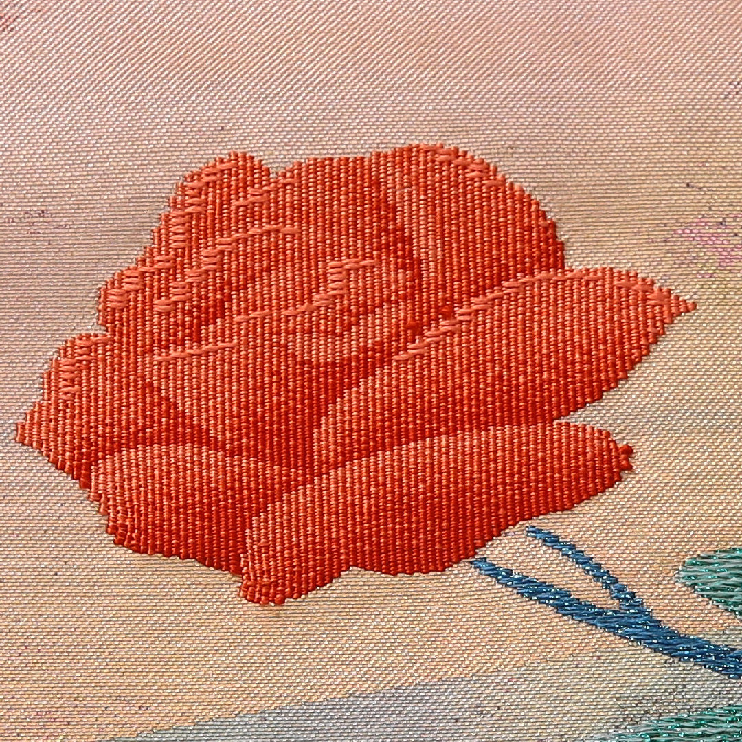 九寸名古屋帯 帯丈359cm カジュアル 名古屋仕立て ポイント柄 Cランク 正絹 綴れ織 薔薇 クリーム系 1224-03491