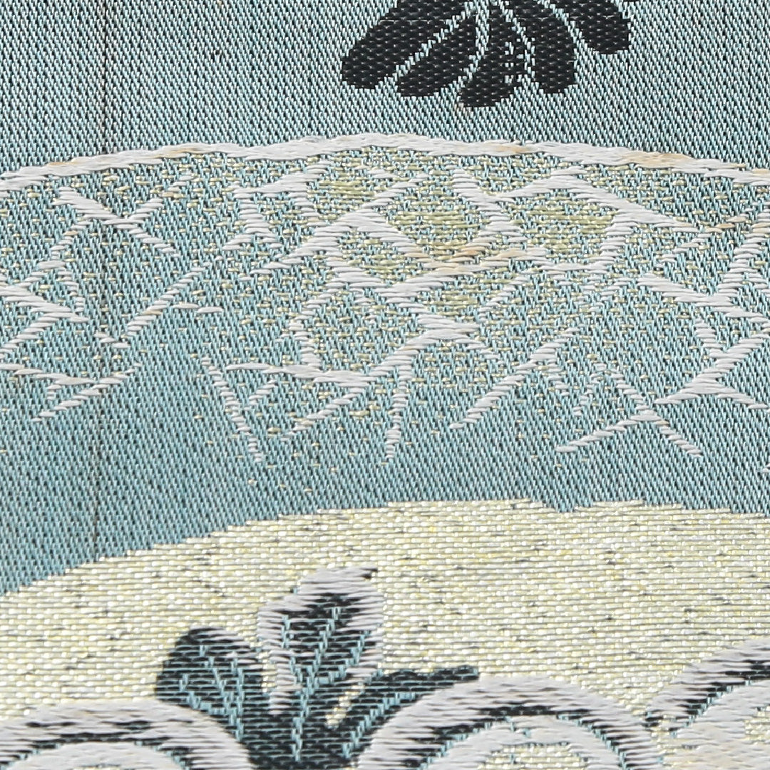 アンティーク 九寸名古屋帯 帯丈348cm 名古屋仕立て 六通 Cランク 正絹 扇子 菊 緑系 青系 1224-03971