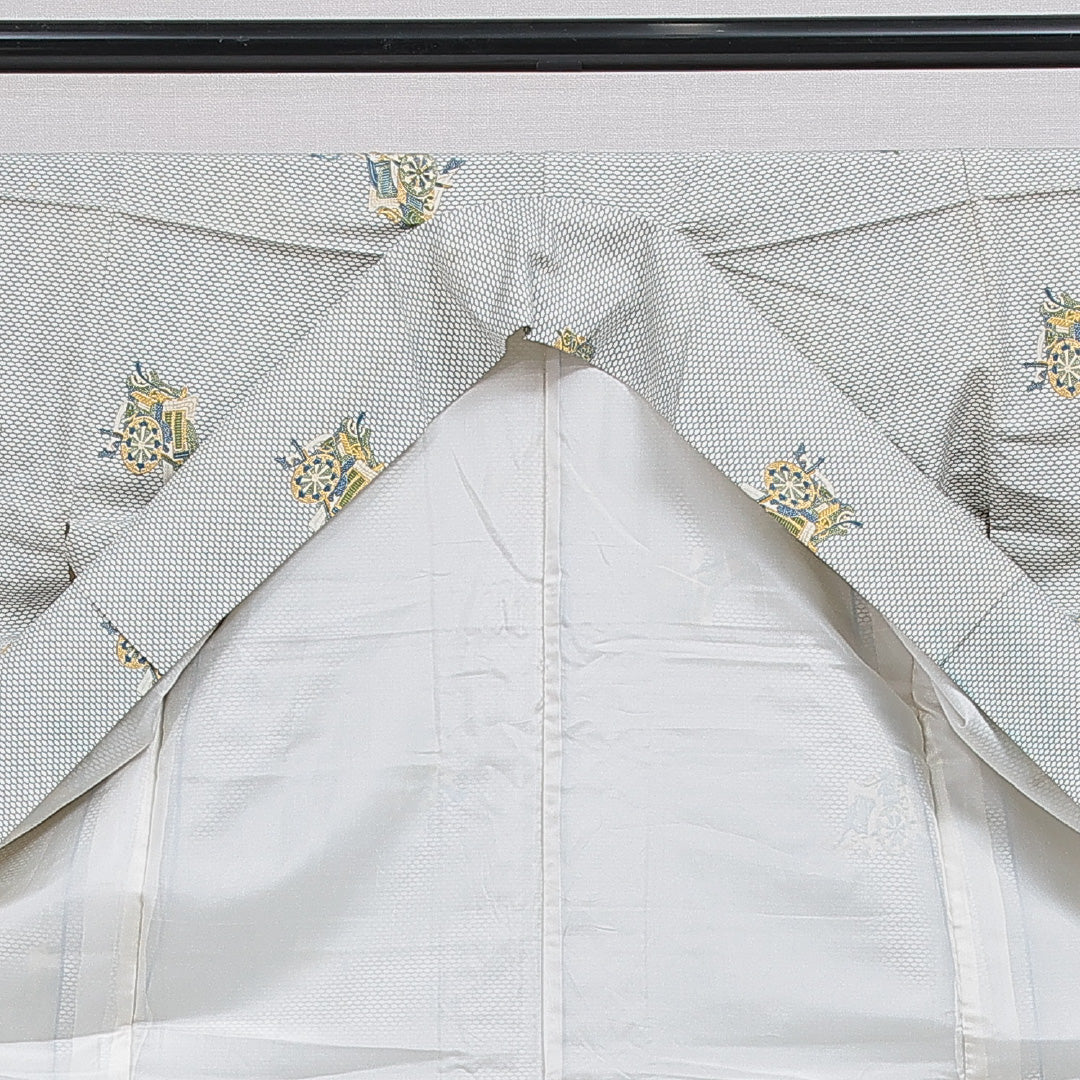 小紋 洗える着物 袷 身丈155cm 裄丈62cm ポリエステル Cランク Mサイズ 広衿 インフォーマル 御所車 亀甲 クリーム系 1215-16091